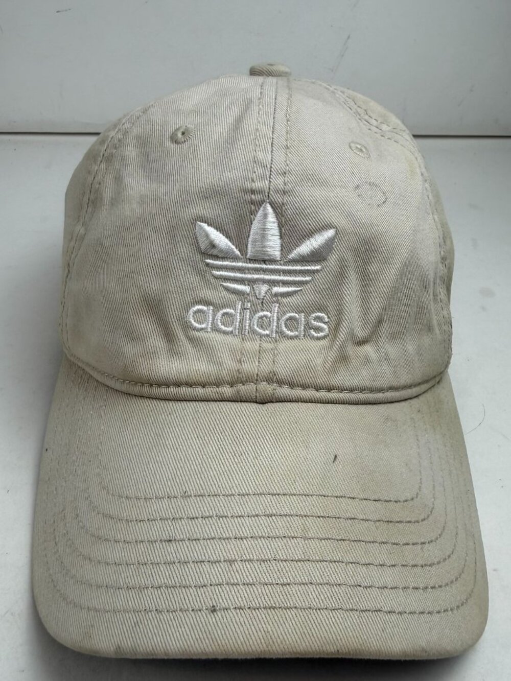 Adidas Originals Trefoil Hat Cap Beige OSFW Cotton Strapback AS IS Heavy Stains